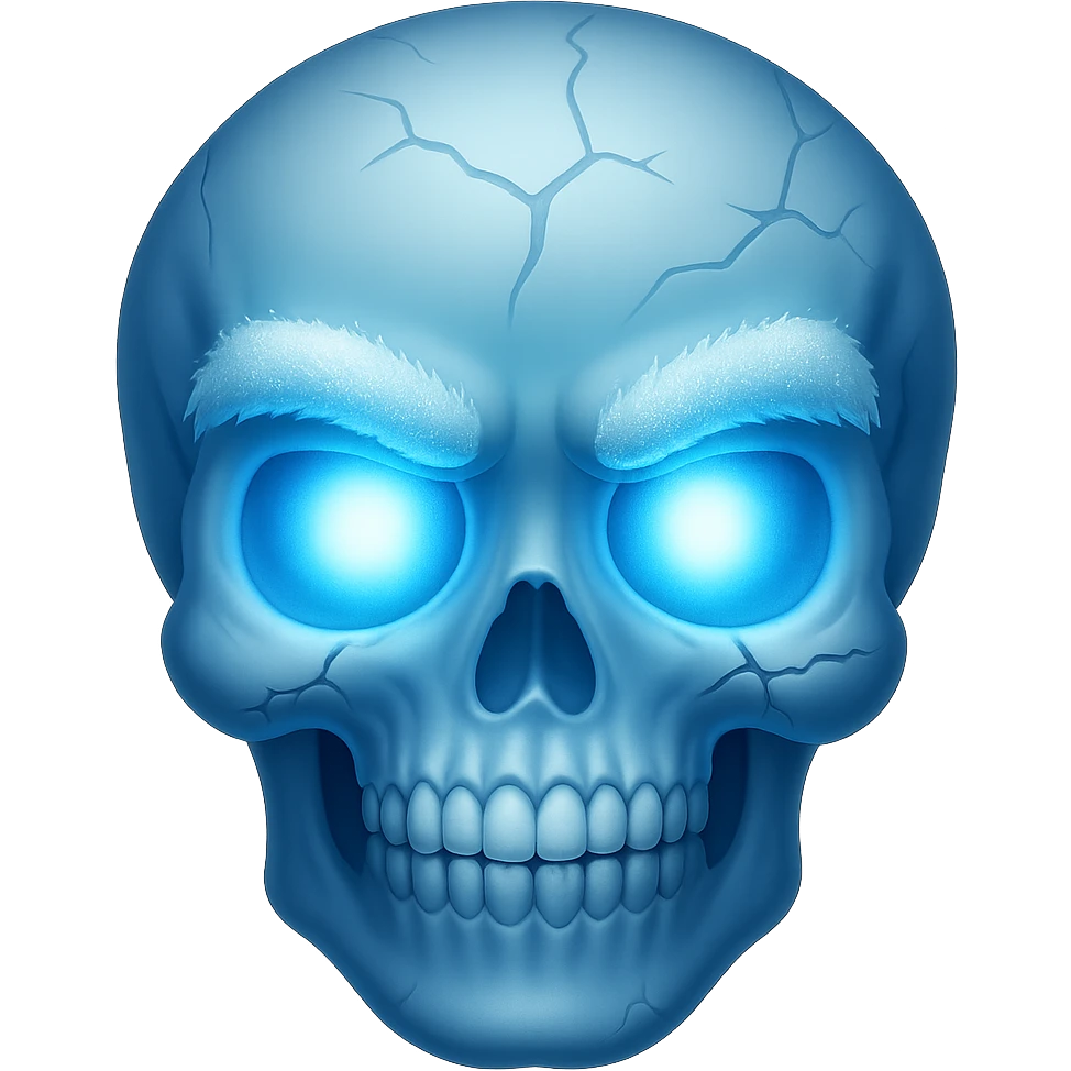 Add glowing eyes to the skull with frosty eyebrows and blue tint. The image should have no background. Keep the frosty eyebrows and blue tint style on the skull. emoji