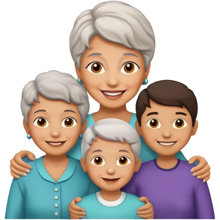two kids (1 boy and 1 girl) with their mother and grand mother smiling emoji