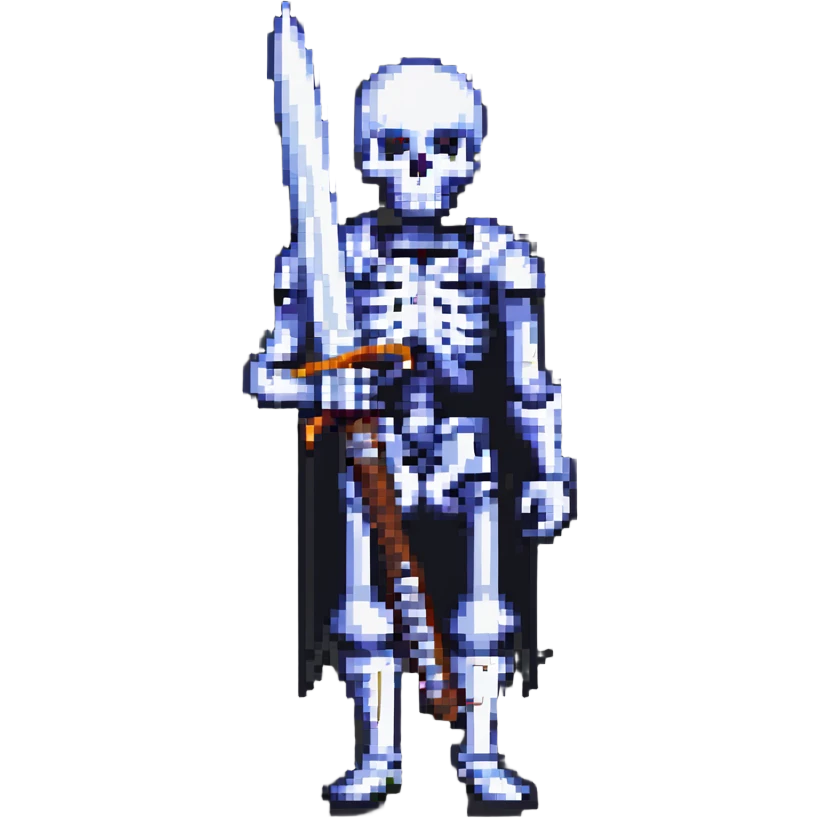 pixel art skeleton with a large sword, standing pose emoji