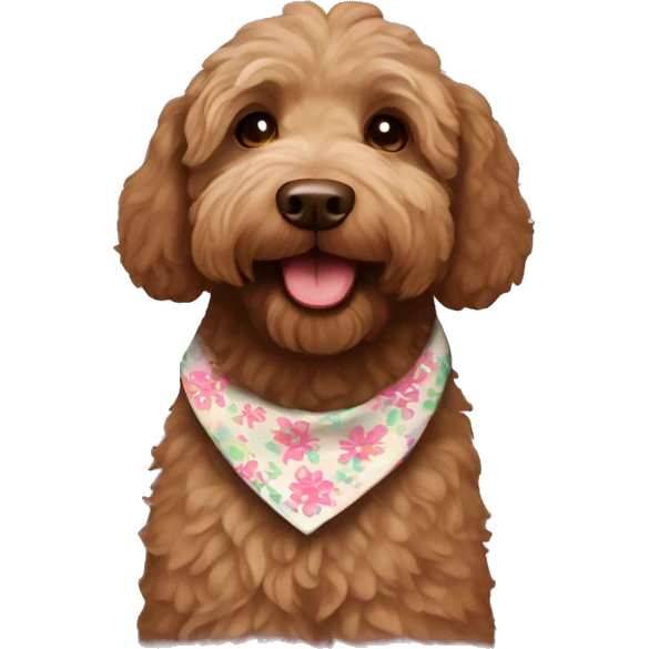 Brown labradoodle with a flower bandana emoji