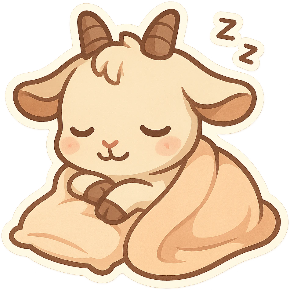 chibi goat, taking a nap, snuggled with a blanket, closed eyes, simple background emoji