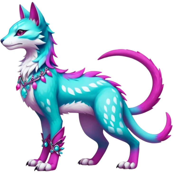 Kawaii colorful iridescent turquoise and magenta and white beautiful pretty elegant divine edgy fantasy feline-vernid-sergal-Fakémon-Pokémon-fursona-animal-creature with accessories, full body, with intricate detailed markings emoji