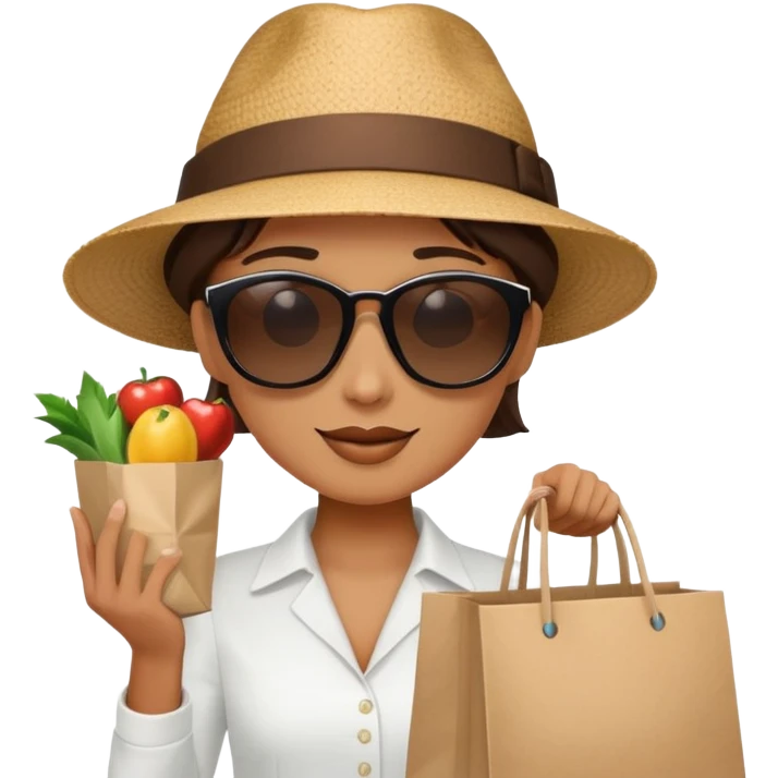 mystery shopper wearing sunglasses and a hat, holding a shopping bag emoji