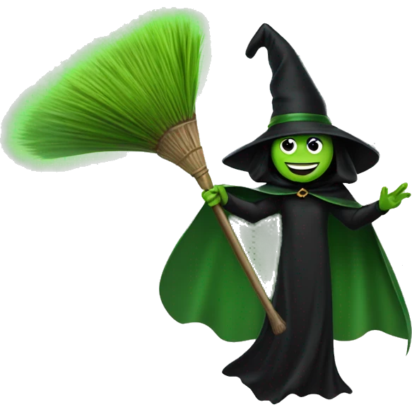 Broom Flying green witch with black big cape extending like a v shape emoji