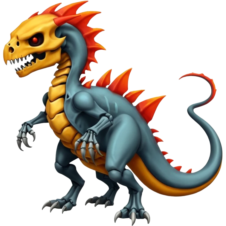 Oily smooth glossy evil sharp edgy badass skeletal fiery skull-faced l Charmeleon-Zeraora-Salandit-fusion, full body emoji