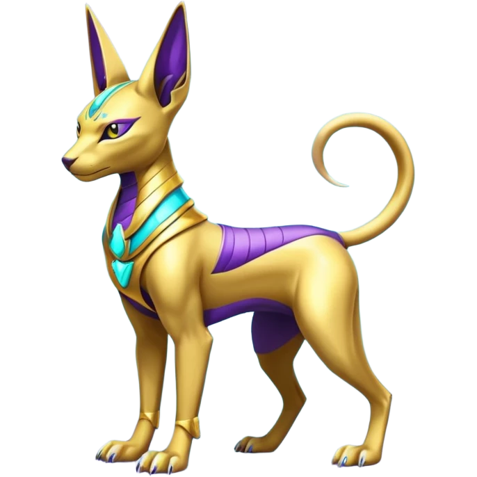 Modern futuristic shiny colorful Anubis-Sphynx-Lombax-Zeraora-Renamon-fusion (full body) emoji