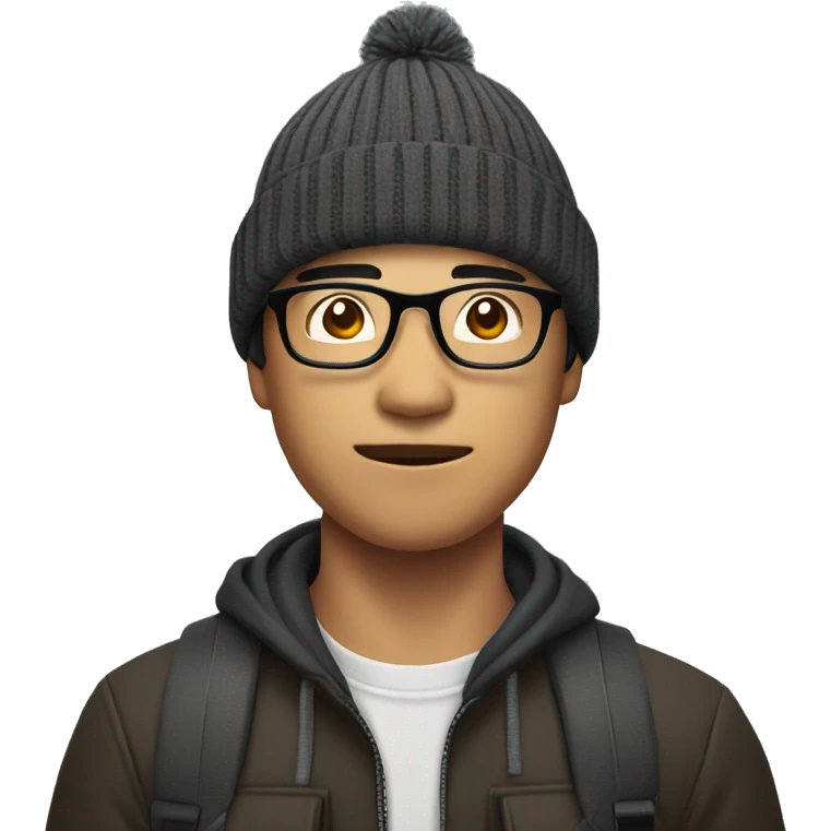 A Asian man wearing a beanie and glasses, holding a camera. emoji