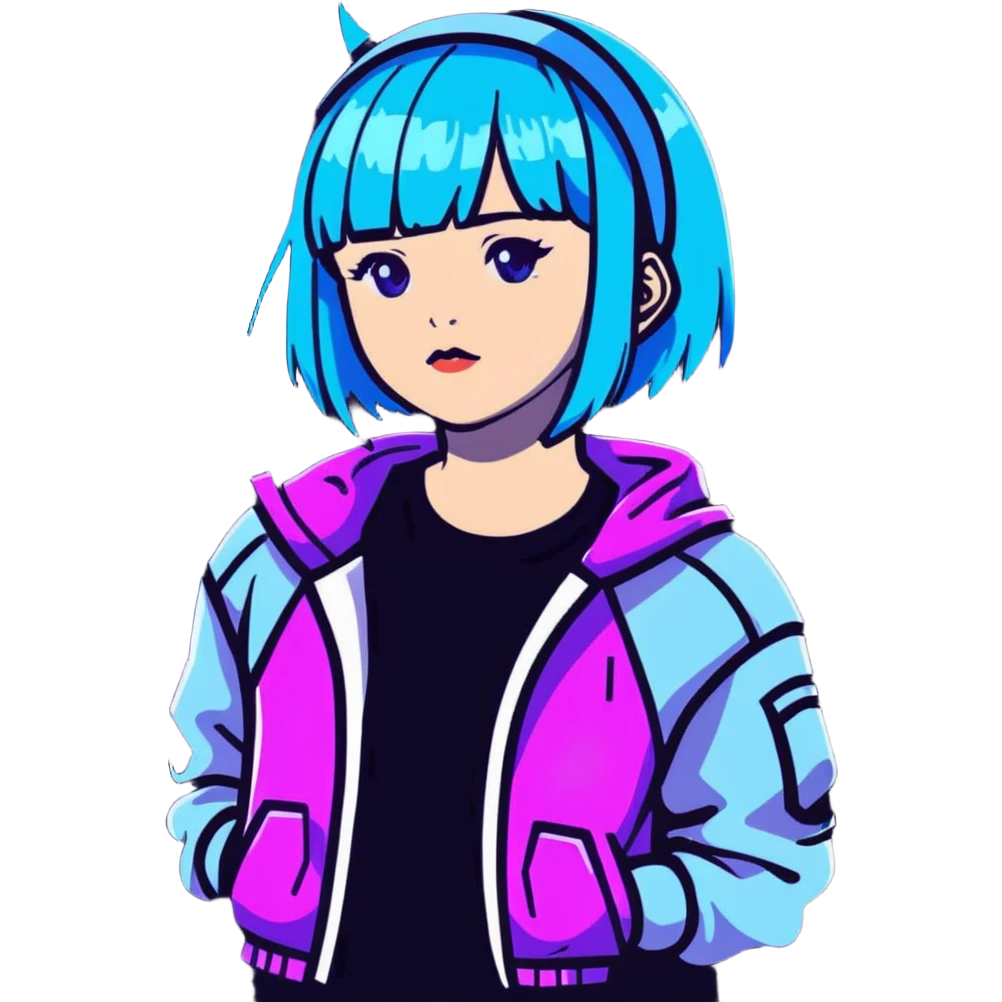 Cyberpunk Japanese girl with neon blue wig, futuristic holographic jacket, digital glitches effect, dark background with purple neon glow, iOS app icon style emoji