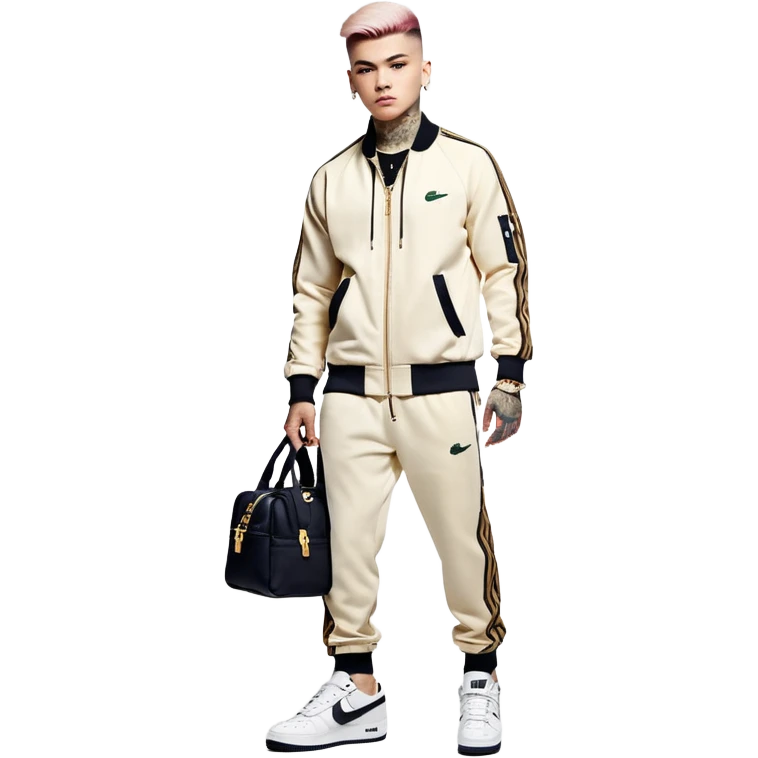 Capelli rasati ai lati con sfumatura, sopra corti e fissati con gel. Look curato e deciso. Indossa tuta firmata (Nike, Adidas, Lacoste, EA7) o jeans skinny, scarpe vistose come Air Force 1. Sempre presenti borsello a tracolla e collana d’oro E tatuaggi d’appertutto a mezzo busto emoji