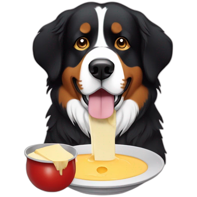 Bernese mountain dog eating a cheese fondue emoji