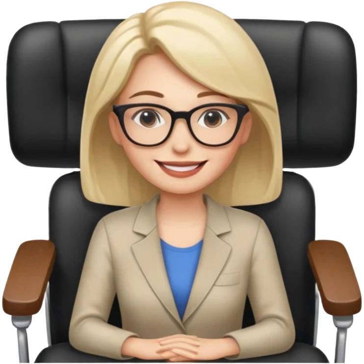 Cartoon faced woman smiling and relaxing and aligned in a chair in office make the face a cartoon character  emoji