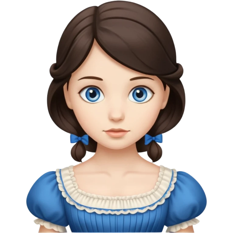 Blue-eyed brunette, wearing 1800s style dress curtsing emoji