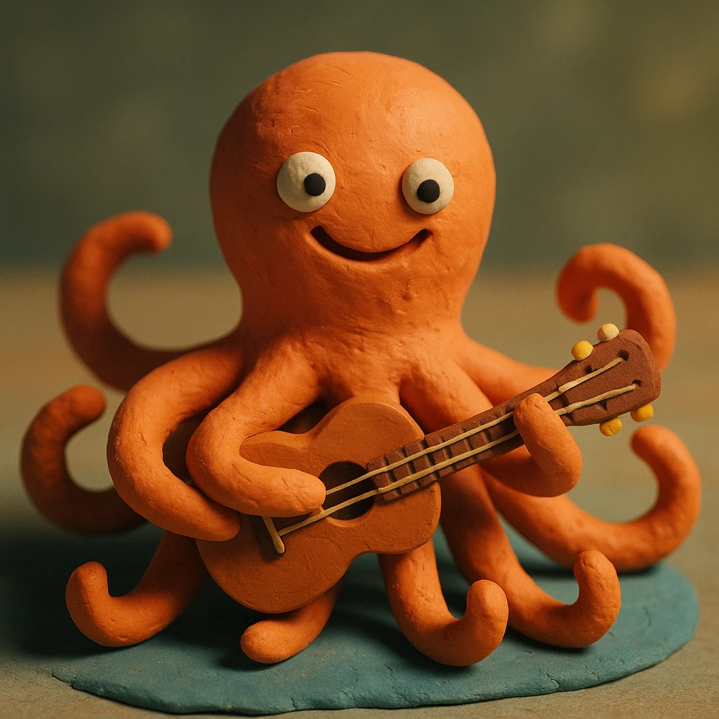 happy octopus with multiple arms playing guitar emoji