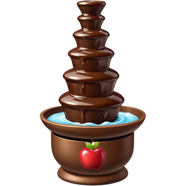 3D render of Chocolate Fountain, made entirely of dessert materials, glistening sugar crystal texture, flowing liquid dark brown chocolate, delicious confectionery aesthetic, Apple emoji style, isolated on white background --v 6.0. emoji