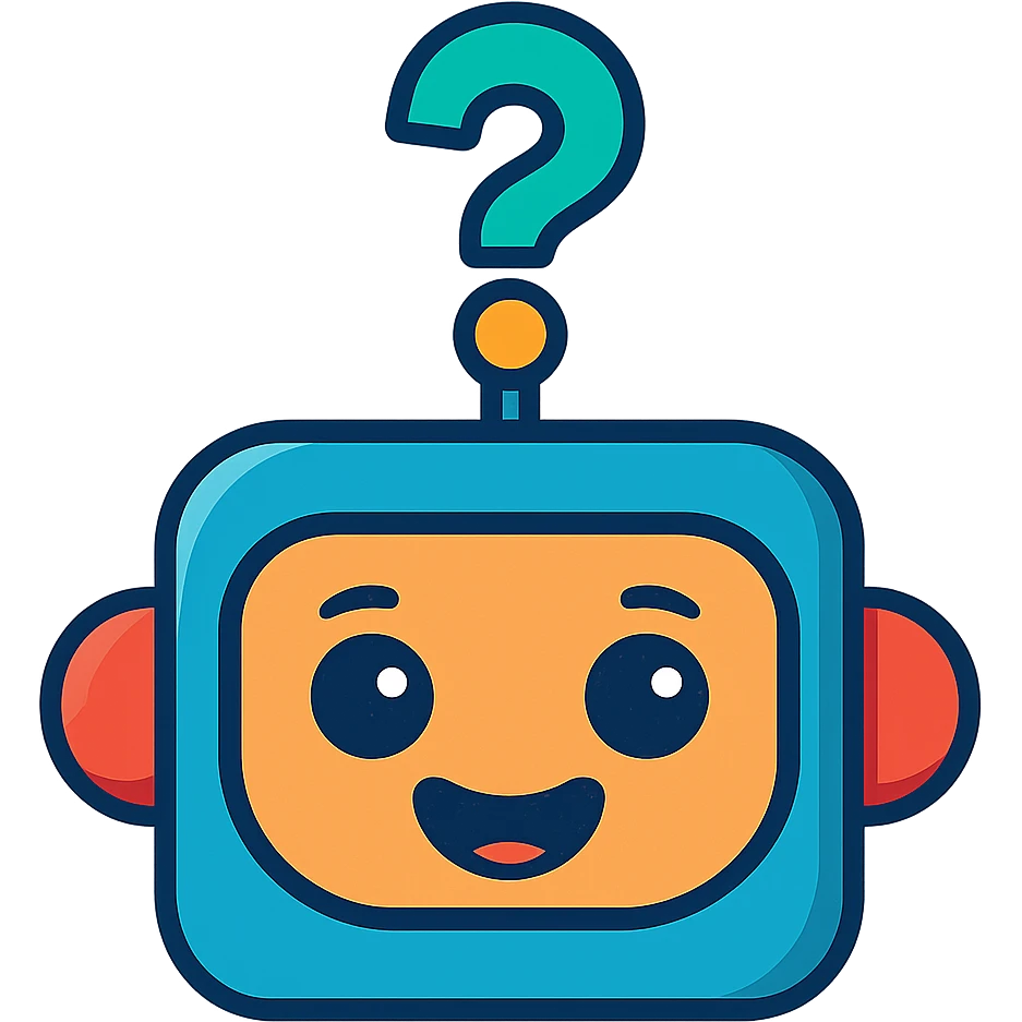 a helpful robot face with a question mark, colorful cartoon style, no background emoji