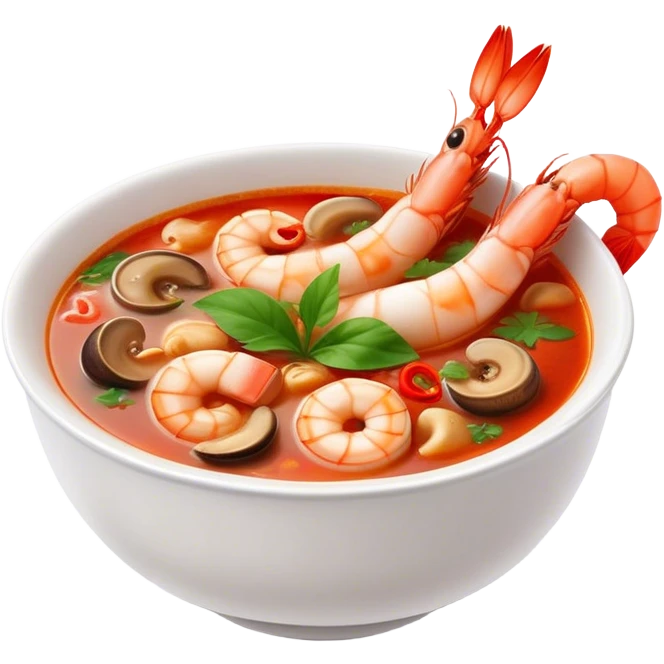 Cinematic Realistic Tom Yam Kung Soup Dish Emoji, showcasing a spicy, sour shrimp soup with herbs and mushrooms rendered with lifelike textures and bold, dynamic lighting. emoji
