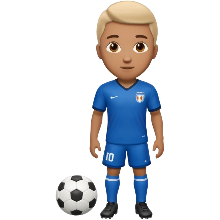 Apple iOS emoji style soccer player standing, front view, glossy 3D, stadium lights emoji