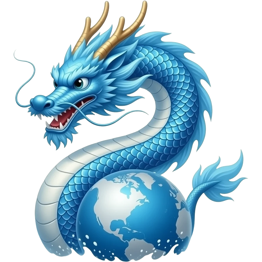 A long blue Chinese serpentine dragon emerges from the sea and hovers above the surface, playing with the silver planet. emoji