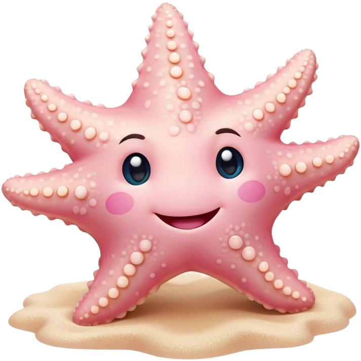 Cinematic cute round starfish, pastel pink, soft bumpy texture, tiny happy face, slightly tilted, glowing warmly, sparkling with gentle ocean magic. emoji
