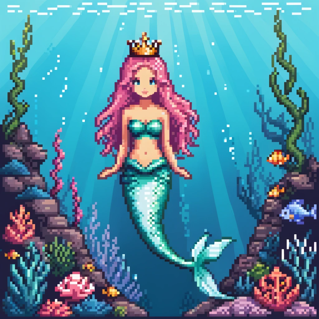Dark brown skin mermaid princess with crown and shimmering tail in underwater kingdom emoji