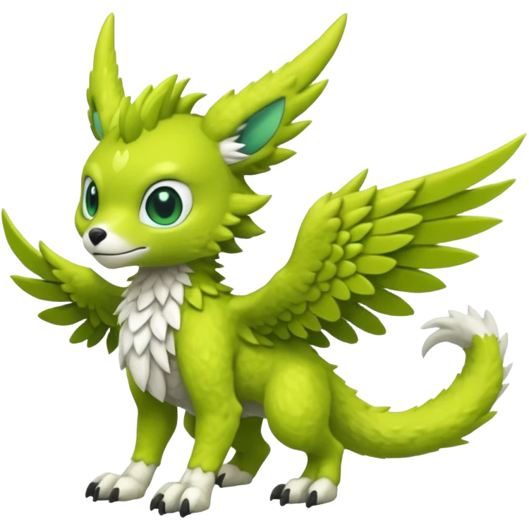 Lime-green furry cute kawaii winged Fakémon-Trico-Scalie-Digimon-Sergal-Protogen-creature (full body) emoji