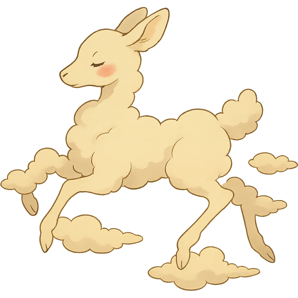 vanilla-colored cloud doe, floating with rosy cheeks and witch-like grace, ghibli style emoji