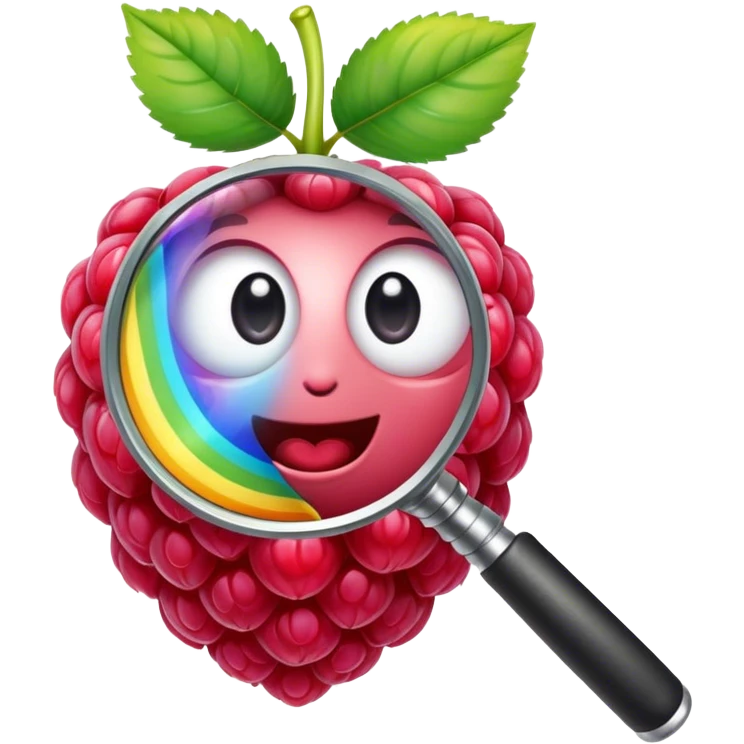 a raspberry holds a rainbow colored magnifier with its budding from handle of magnifier emoji