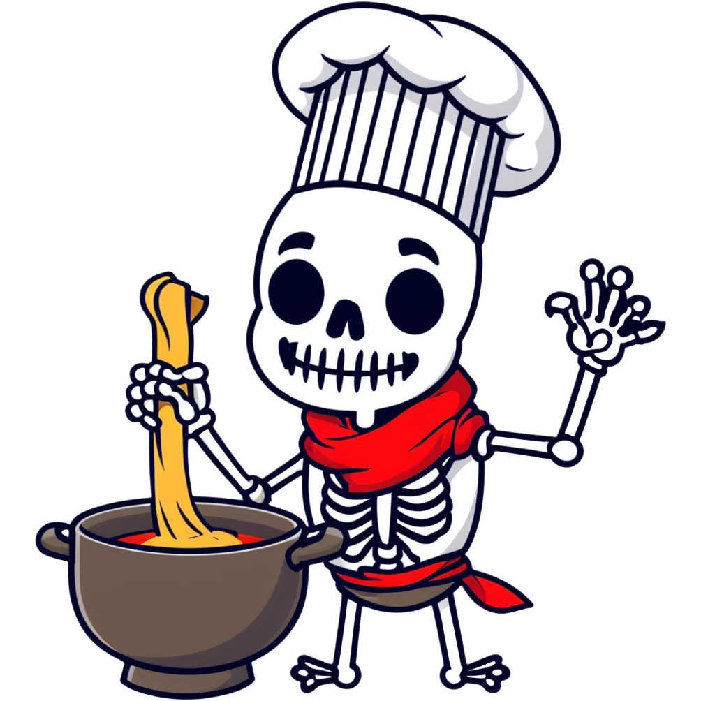 Papyrus from Undertale cooking spaghetti, tall skeleton with red scarf and white armor, enthusiastically stirring pasta in a pot, chef hat emoji