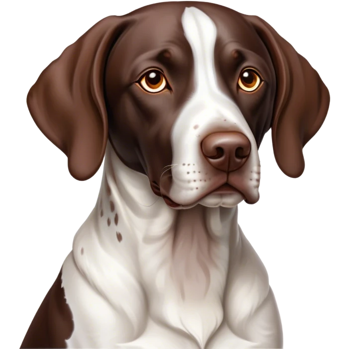 Cinematic Noble German Pointer Portrait Emoji, Poised and regal, with a lean, athletic build and a sleek, short coat in liver and white, deep-set soulful brown eyes, Simplified yet sharp and sophisticated features, highly detailed, glowing with a soft, dignified glow, high shine, intelligent and driven, stylized with an air of determination, focused and attentive, soft glowing outline, capturing the essence of a watchful and commanding hunter, so majestic it feels as though it could sprint out of the screen with effortless authority! emoji