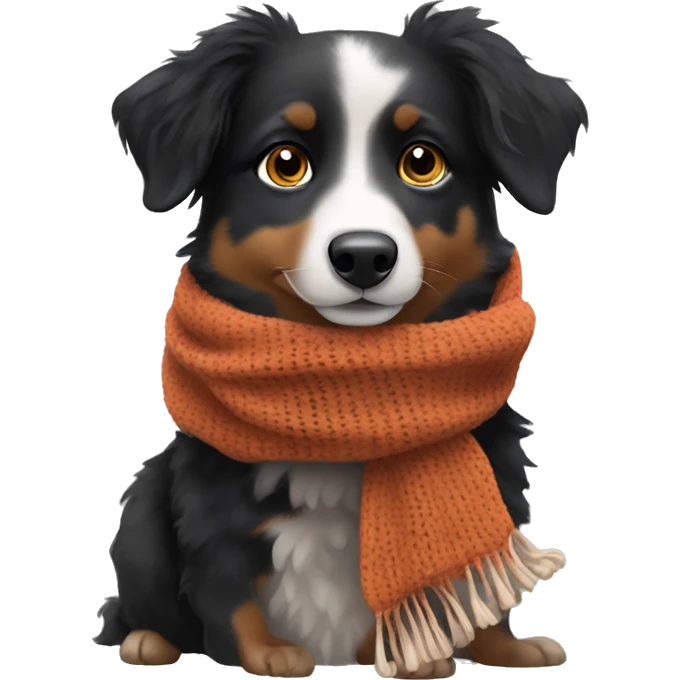 Small black australian shepherd dog wearing a knit scarf emoji