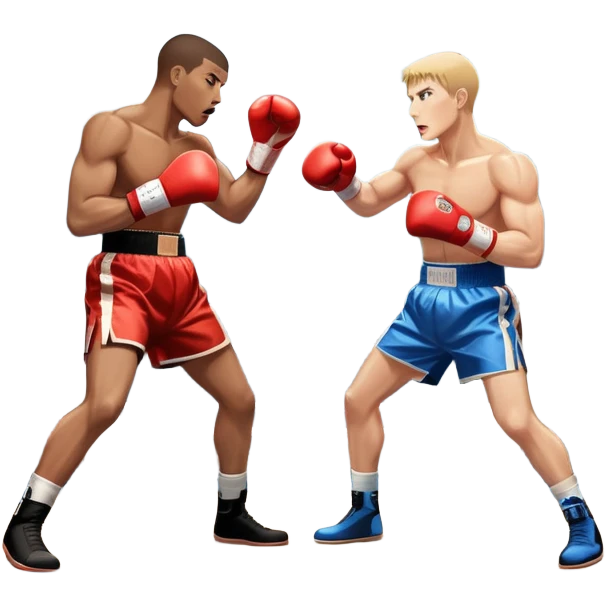 Two professional boxers in the ring fighting for the world championship title. One delivers a powerful straight punch to the head, while the other skillfully dodges. The background shows a brightly lit boxing arena with a roaring crowd. Transparent background emoji