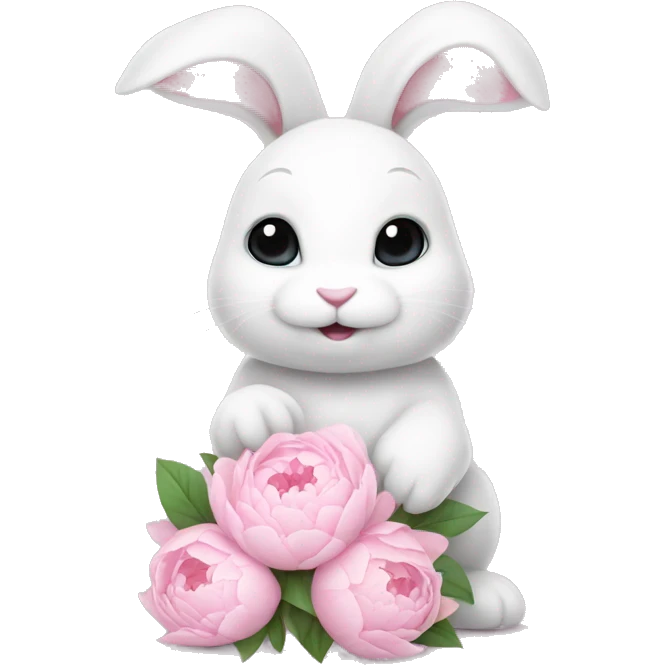 cute white bunny holding light pink peonies emoji