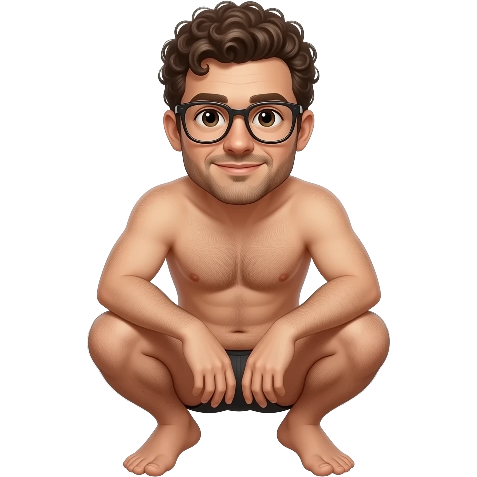 Guy with curly hair and glasses, naked squatting down emoji