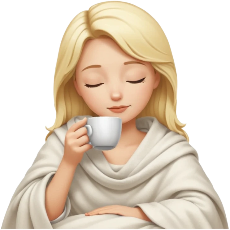 Blonde girl inside a blanket sipping coffee eyes closed emoji