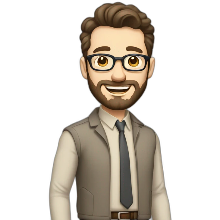 Joyful Full height Pale skinned Fit Man With dark brown hair in gray jacket, beige office shirt, Brown pants and vintage glasses. His thrumbs up, small beard emoji