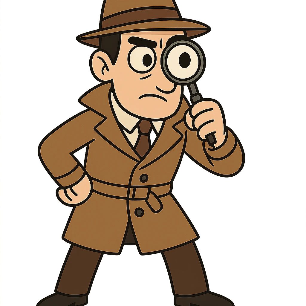 detective, classic look, brown trench coat, magnifying glass, cartoon style emoji