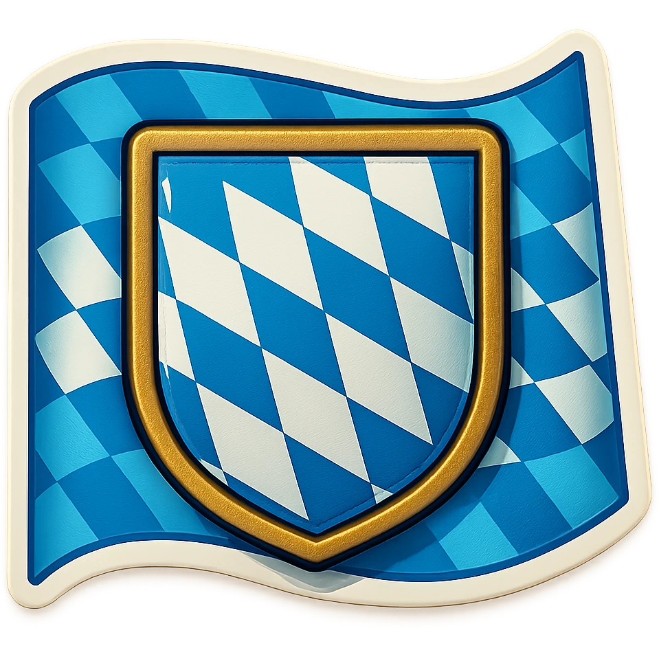 Bayern (Bavaria) blue and white lozenges shield, less cartoonish, with the Bavarian flag as background, retro stickers style, no text emoji