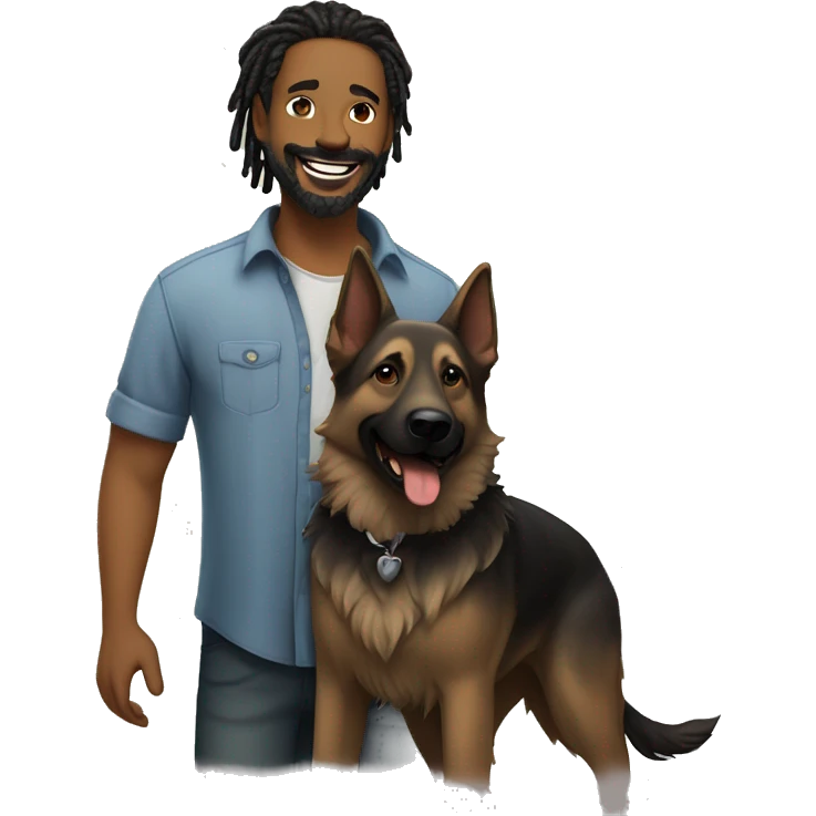 man with dreadlocks, mustache and goatee expressing joy dressed in a shirt alongside a dark brindle colored german shepherd dog emoji