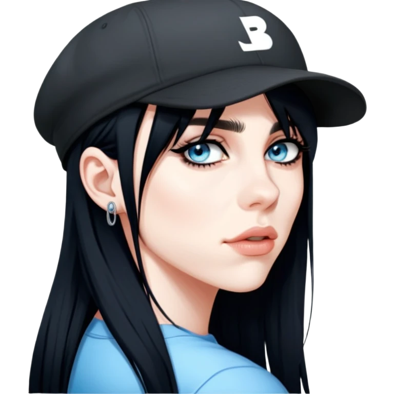 billie eilish wearing backwards cap, black hair, black eyeliner, light blue eyes emoji