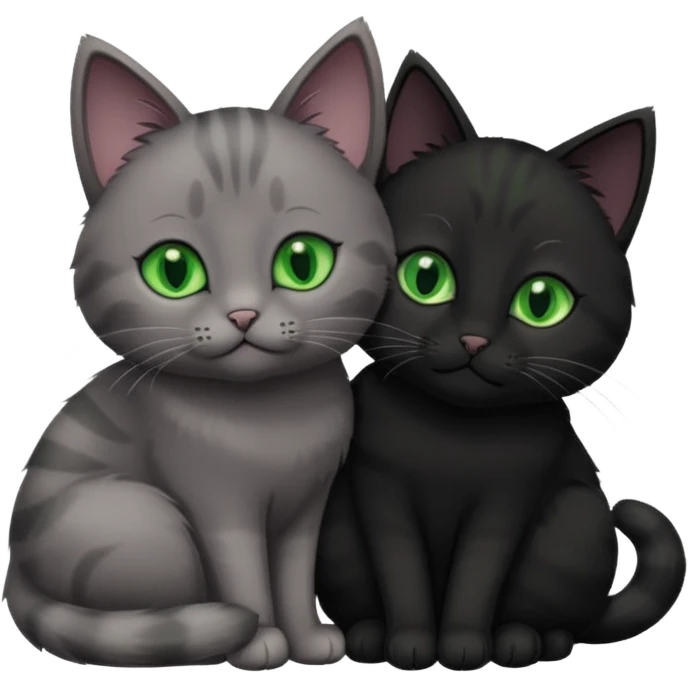 1 grey cat with green eyes and 1 black with green eyes cat cuddling emoji