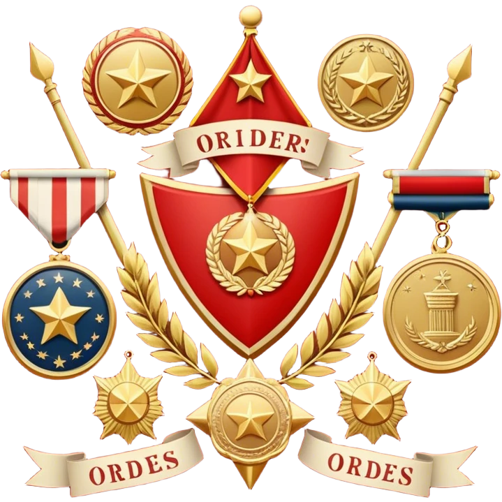 Icon for Collecting Orders, Medals & Badges: a variety of vintage orders, medals and badges, displayed neatly on a big red pennant or in a display case. The icon should reflect the honor and historical significance of these collectible items. Transparent background. emoji