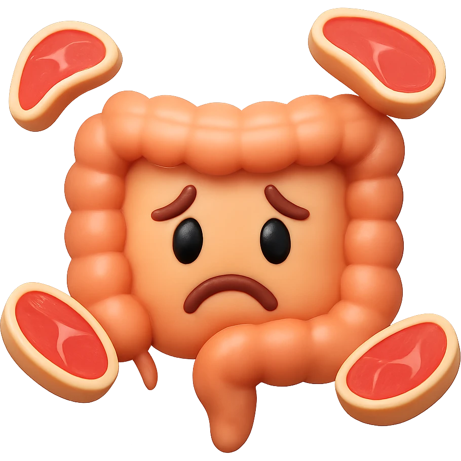 emoji stile iphone in 3d di un intestino triste con fette di carne che gli fluttuano intorno emoji