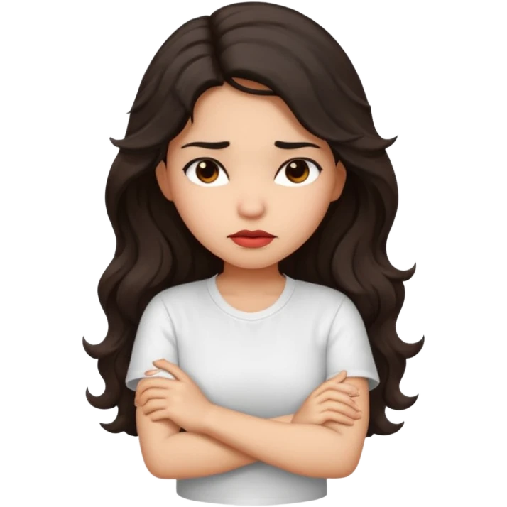 Hispanic girl with long dark wavy hair crossing her arms and slightly pouting emoji