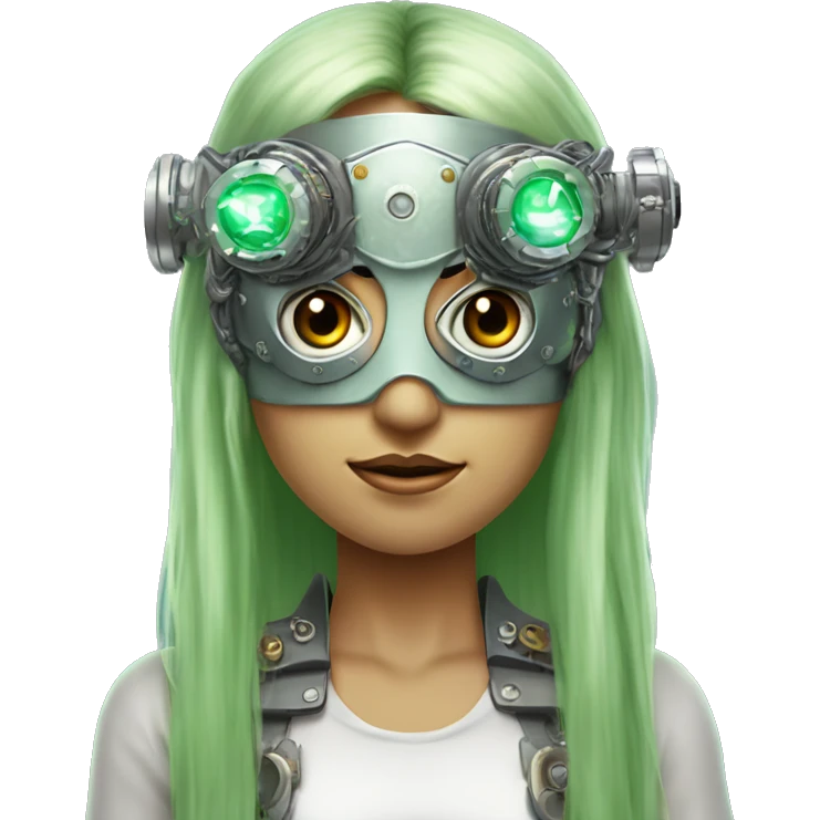 Light green long hair female cyborg head with silver steampunk goggles as a headband, circuits emoji