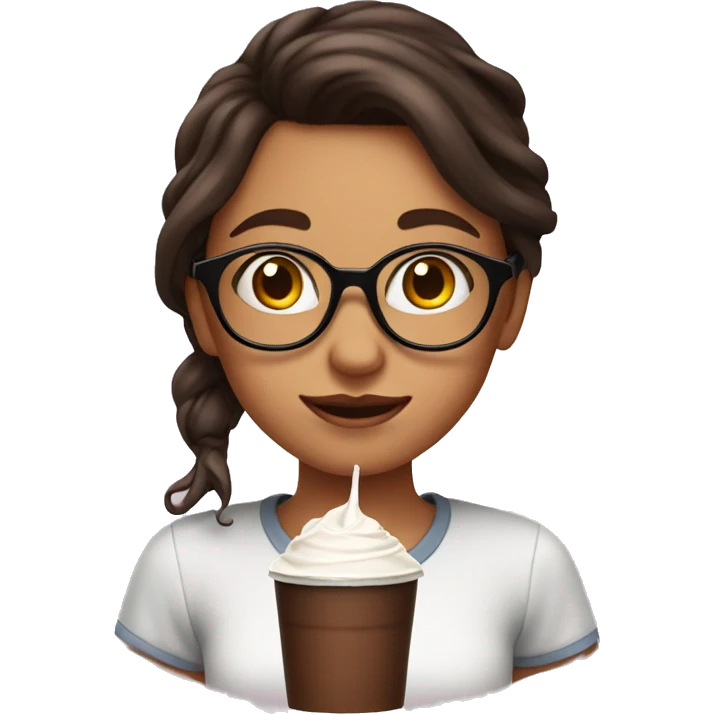 Girl with chocolate hair with glasses drinks milk emoji