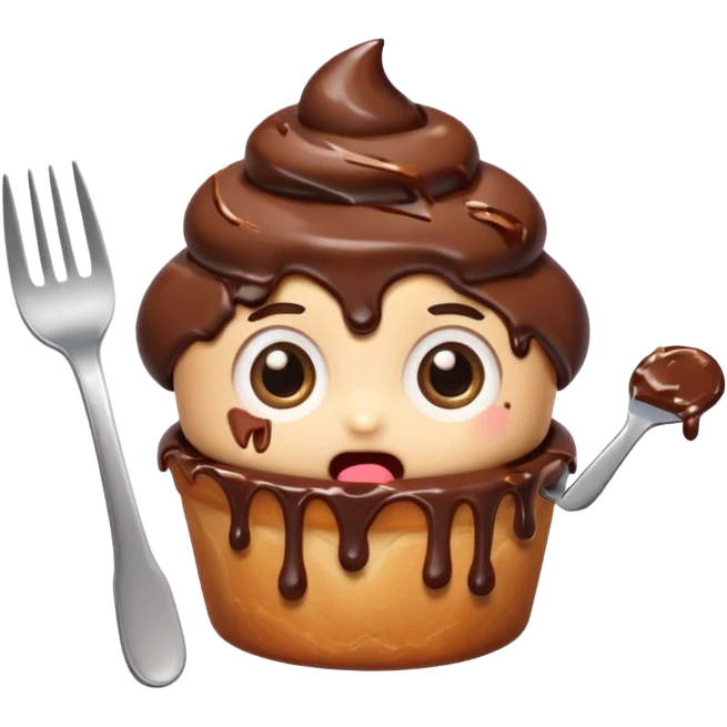 Funny cartoon chocolate mini pastry, holding tiny fork, wide shocked eyes, messy chocolate dripping, chibi style, Twitch emoji style, transparent background, colorful
 emoji