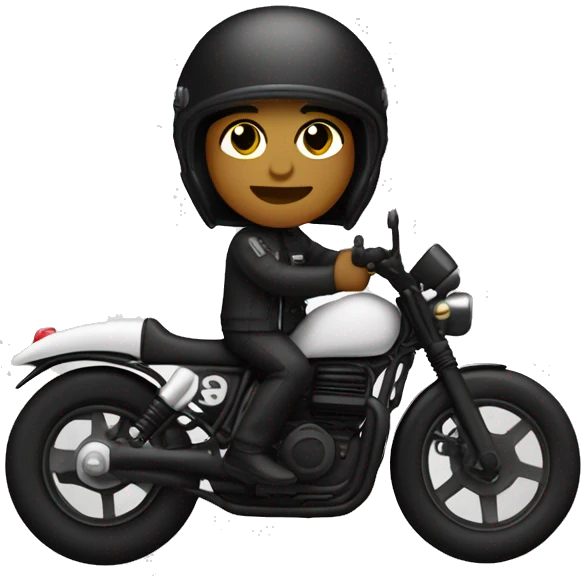 Un motorista blanco en moto custom negra con ropa negra con casco negro y un sieste blanco en  el casco emoji