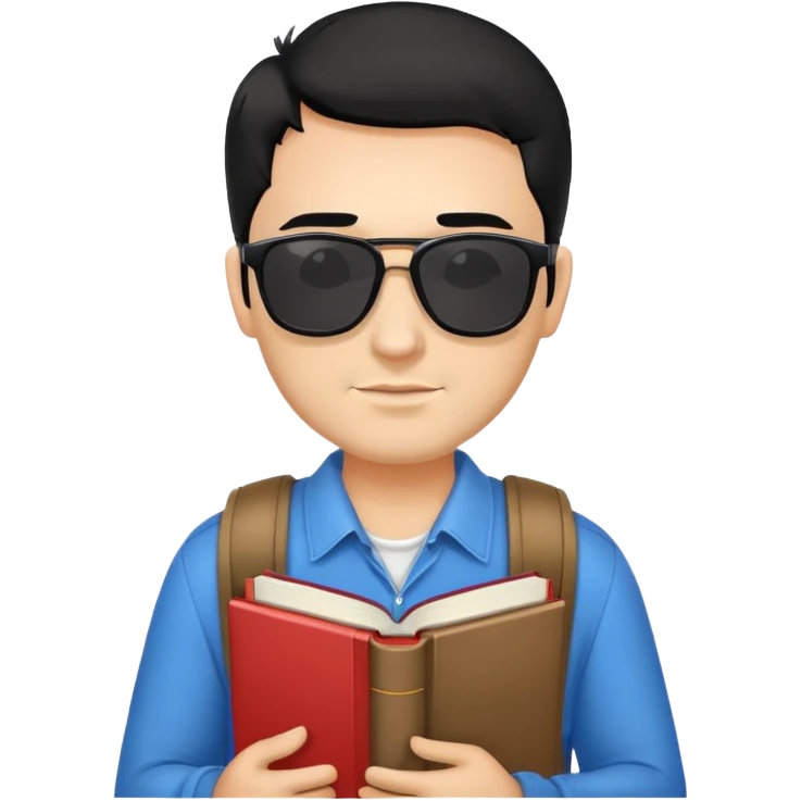 Man with black hair, black stubble, sunglasses on head and wearing a book bag emoji