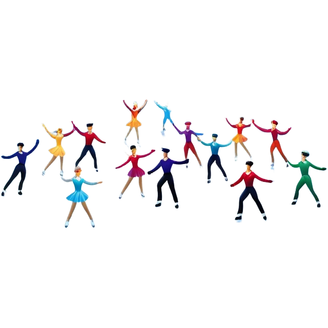 An icon of a theatrical ice show with close-up costumed figure skaters performing a dramatic scene on a glowing ice stage. Spotlights, colorful scenery, and a cheering audience in a grand arena convey the magic and artistry of the ice performance. Transparent background included. emoji