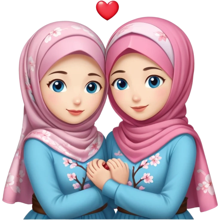 Two friendly Turkish girls beautiful finish Konya blue eyes with cherry blossom hijab and heart dress and hugs  emoji
